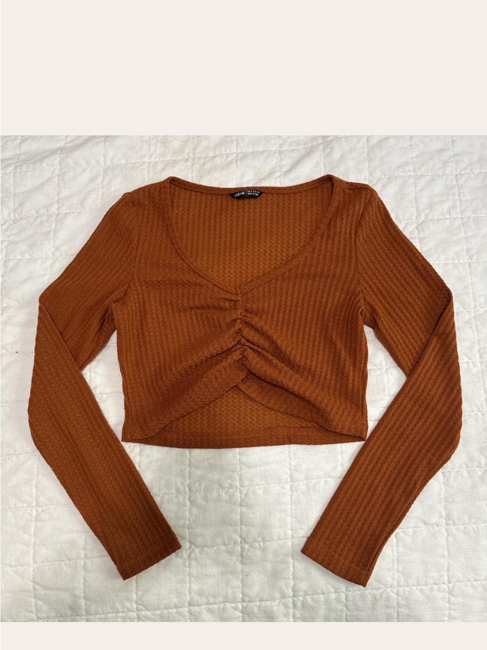SHEIN Ribbed Ruched V-Neck Long Sleeve Crop Top